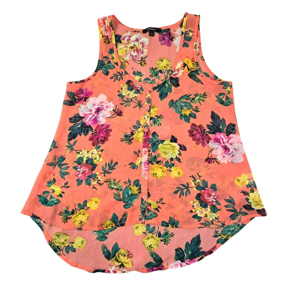 Womens Tank Top Floral Coral Sleeveless Button Front Blouse Size Medium JH1820